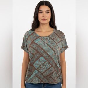 Bon Worth Geometric Aztec Print V-Neck Top Brown Teal Dolman Sleeve Ruched Hem L
